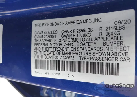 2020 Honda Accord Sport from USA, damaged, VIN 1HGCV1F33LA145572